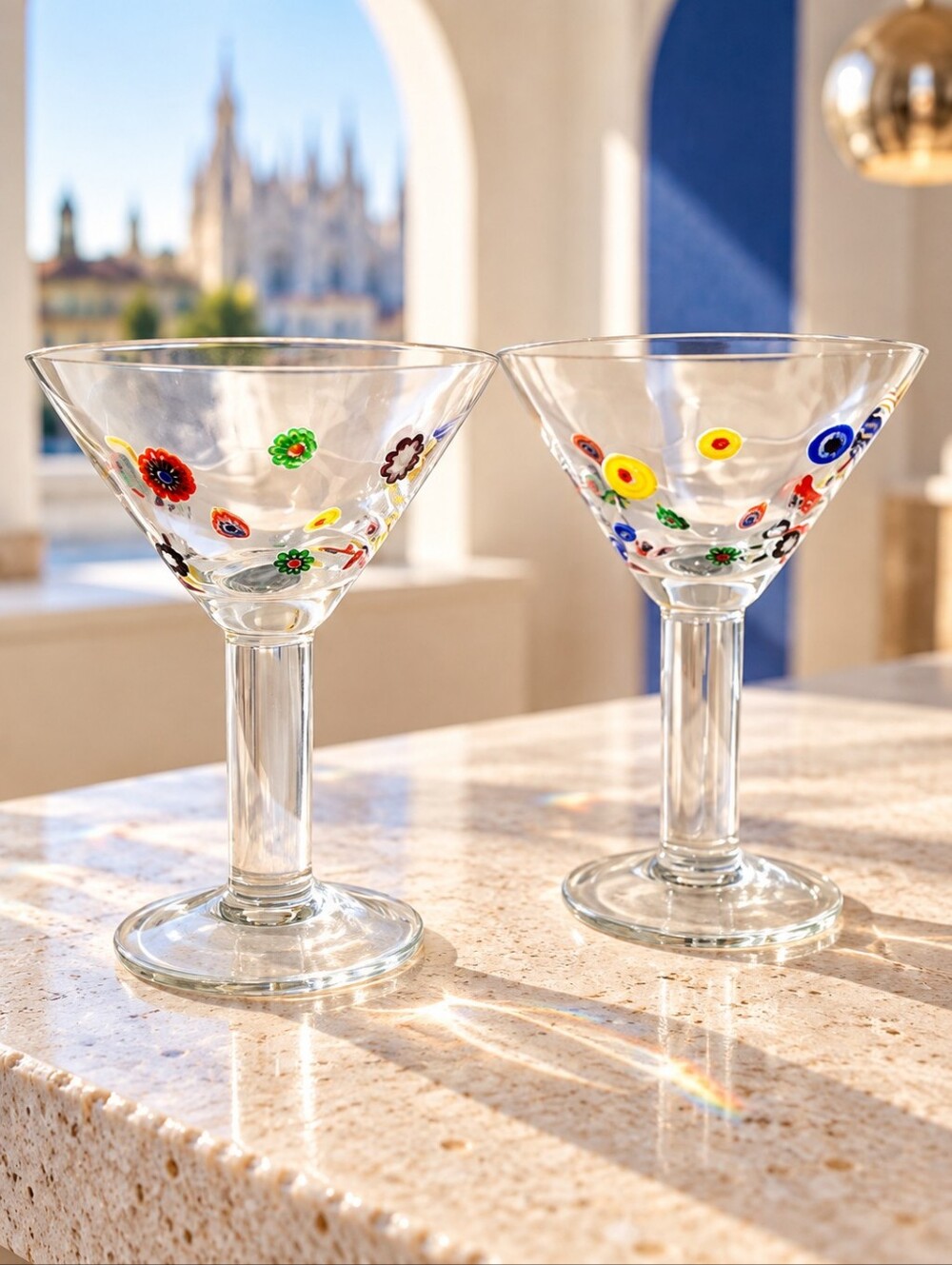 Millefiori Murrine Art Glass Martini Cocktail Glasses Multicolor Pair